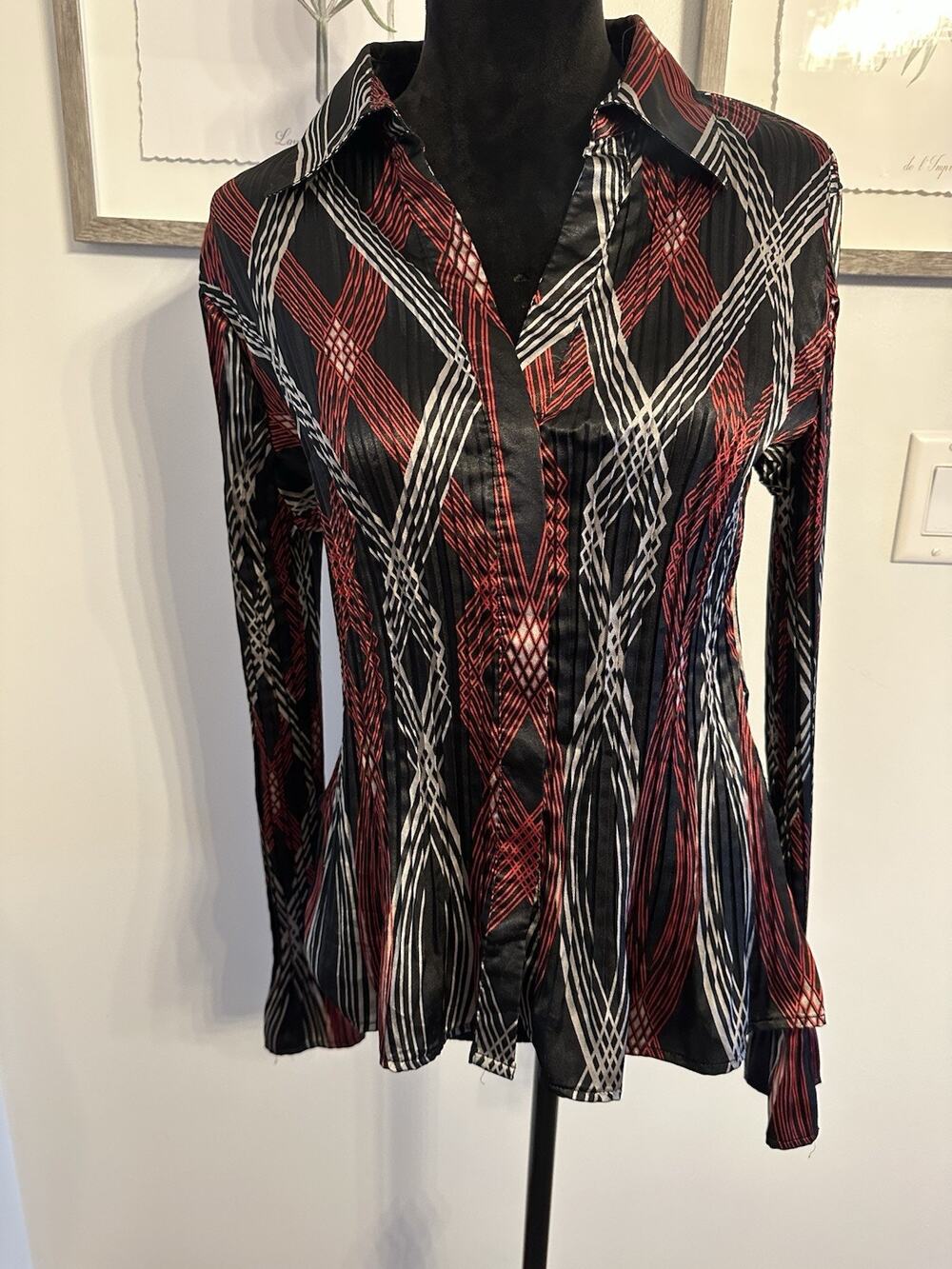 VTG Y2K Blouse Geometric Red Black Whimsigoth Dark Fairy Office Goth Size Large